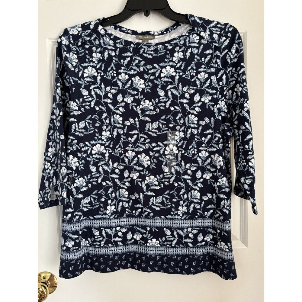 STYLE & CO. WOMEN'S TOPS SIZE 2X NAVY FLORAL BOAT NECK 3/4 SLEEVE COTTON PULLON